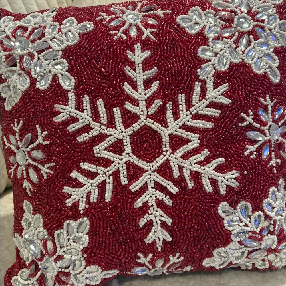 Two Festive Holiday beaded Pillows Snowflake and Tree Designs - Picture 4 of 11